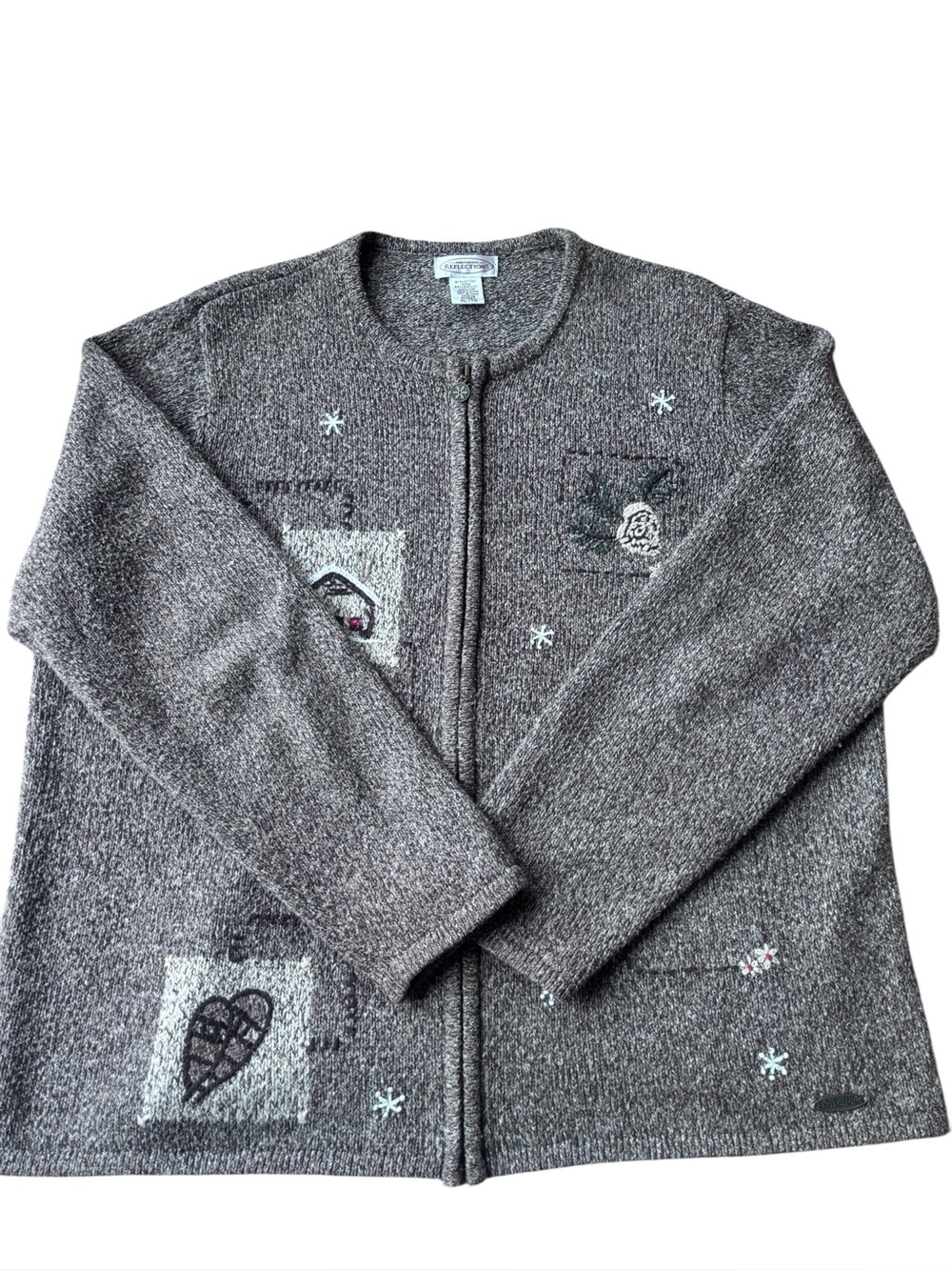 Vintage Reflections Winter Cardigan Sweater Snowflake Cabin Tree Embellished